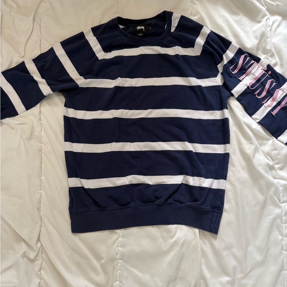 Stussy Blue and White Crewneck Sweater Nautical Stripes